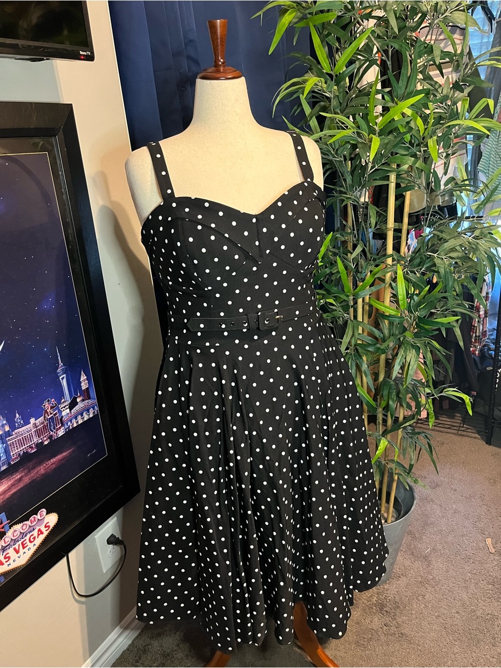 Like new Vixen by Micheline Pitt Black Polka Dot Swing Dress - Picture 2 of 11